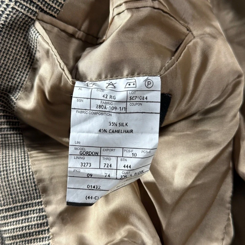 Jos. A. Bank Sport Coat Mens 42R Tan Silk Camel Hair Glen Plaid Blazer Jacket